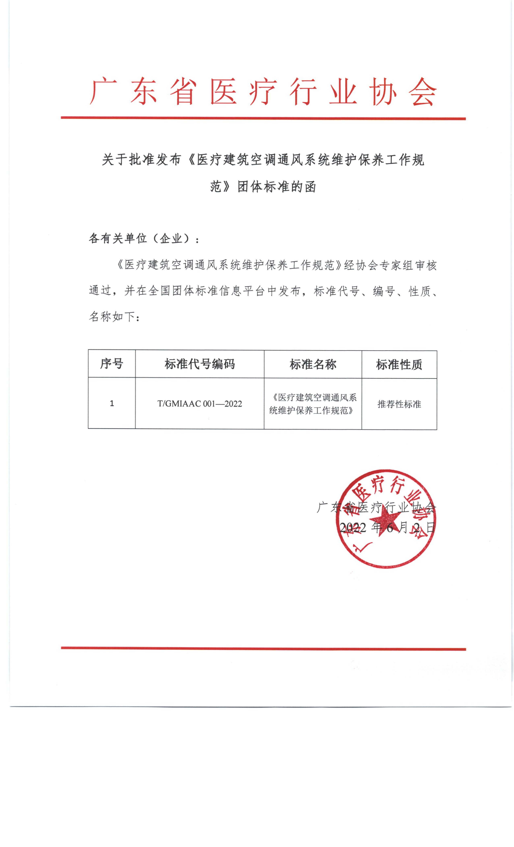 关于批准发布《医疗建筑空调通风系统维护保养工作规范》团体标准的函_00.png
